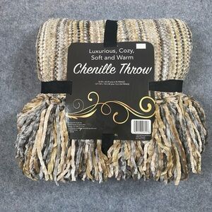 Vtg Brentwood Originals Neutral Stripe Chenille Throw Blanket Gray Beige Camel